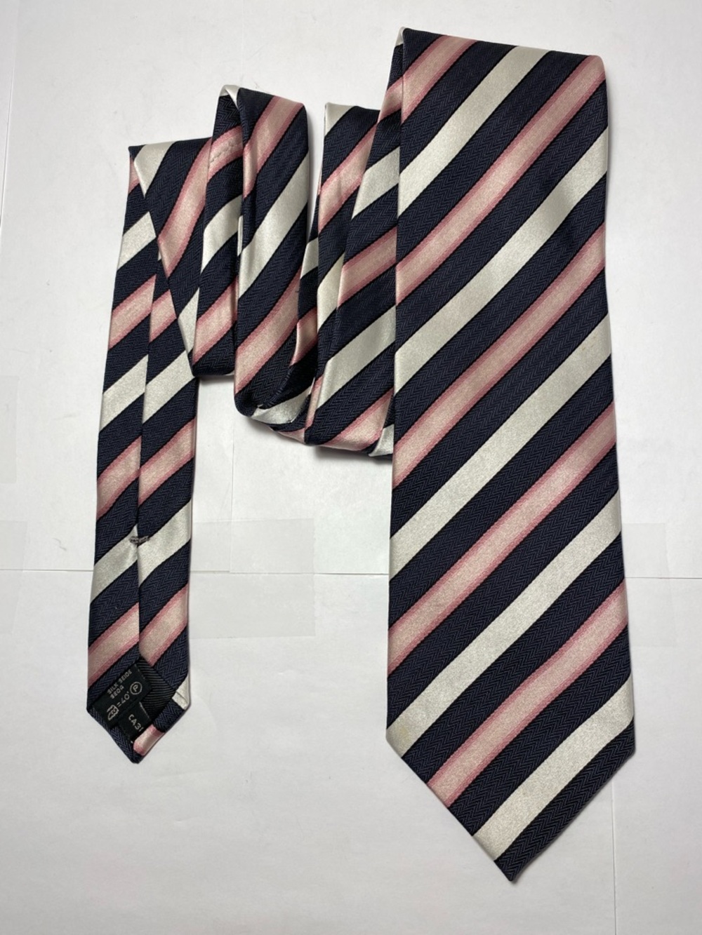 Ermenegildo Zegna Silk Tie Pink Silver Navy Blue Striped Herringbone Made Italy